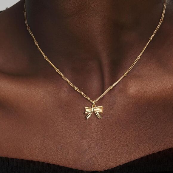 Gold Necklace Bow Knot Necklace Trendy 14K Dainty Tiny Bow Pendant Chain Gift - Picture 6 of 8